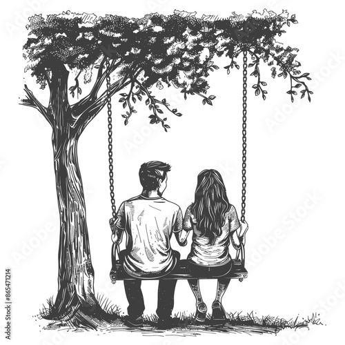 young couple sitting under swing on the tree with engraving style