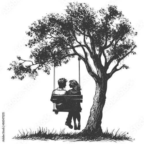 young couple sitting under swing on the tree with engraving style