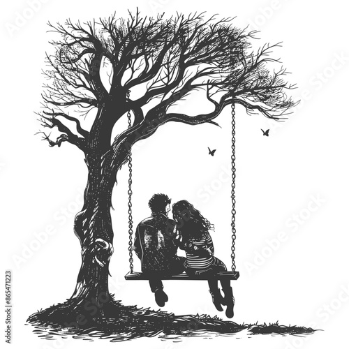 young couple sitting under swing on the tree with engraving style