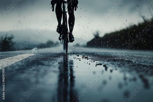 cyclist on rainslicked road silhouette of determined rider spray behind wheels moody gray sky reflective puddles create dramatic atmosphere focus on movement and weather interaction photo