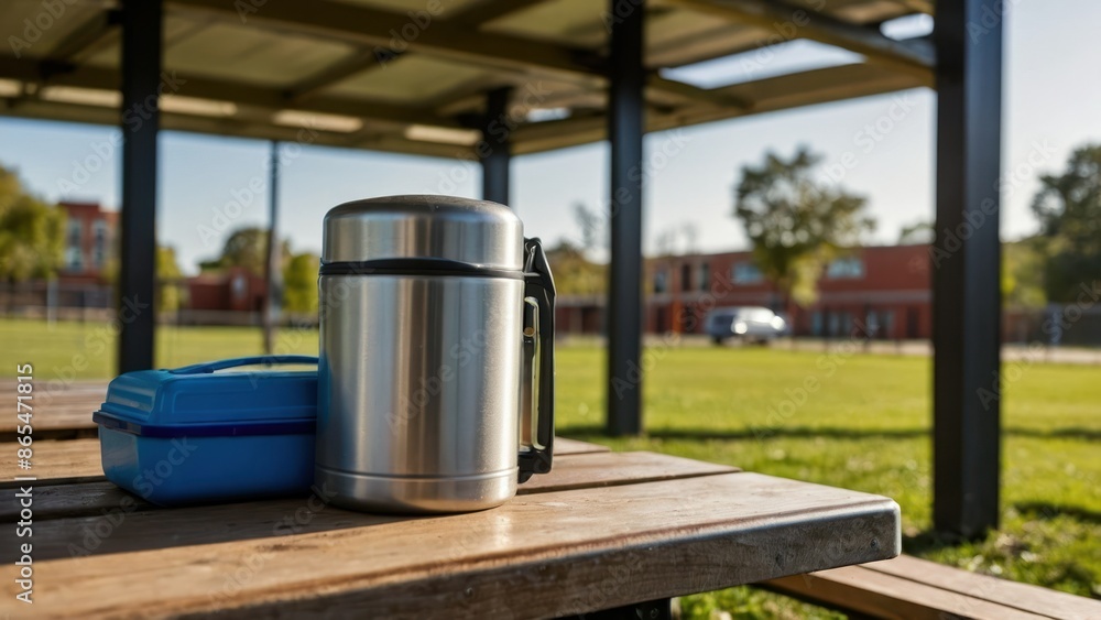 Stainless steel thermos and blue lunchbox on a picnic table in a sunny park, ideal for outdoor meals, picnics, and school lunch breaks. Stainless steel thermos and blue lunchbox on a picnic table in a sunny park, ideal for outdoor meals, picnics, and school lunch breaks.