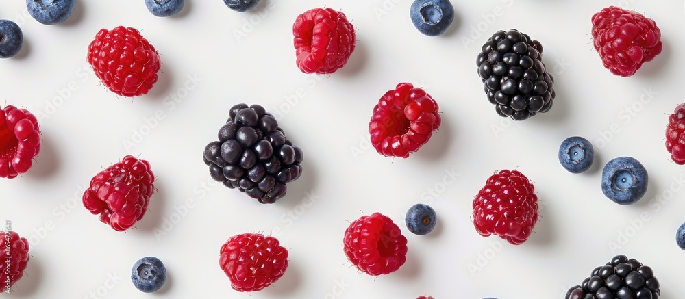 Colorful wild berries pattern consisting of raspberries, blueberries, and blackberries arranged on a white background in a top view flat lay style. Colorful wild berries pattern consisting of raspberries, blueberries, and blackberries arranged on a white background in a top view flat lay style.