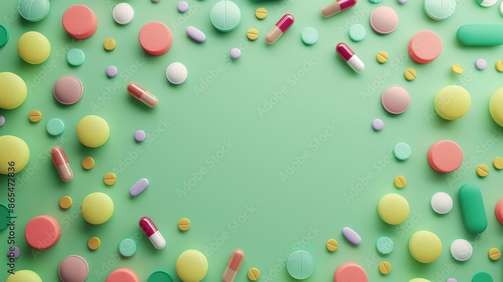 Colorful Pills on Green Background with Round Capsules Frame Colorful Pills on Green Background with Round Capsules Frame