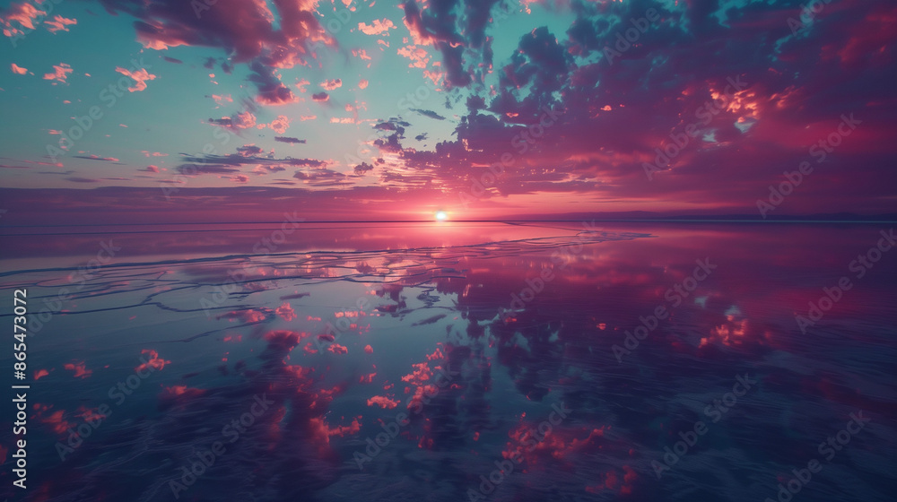 Fototapeta premium Vibrant Sunset Reflected on Salt Flats Generative AI