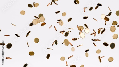 Golden coins explosion. Realistic design, 3d render animation, slow motion. Money rain, cash, Casino jackpot or win concept. Success, luck, fortune. animated stock footage on white background