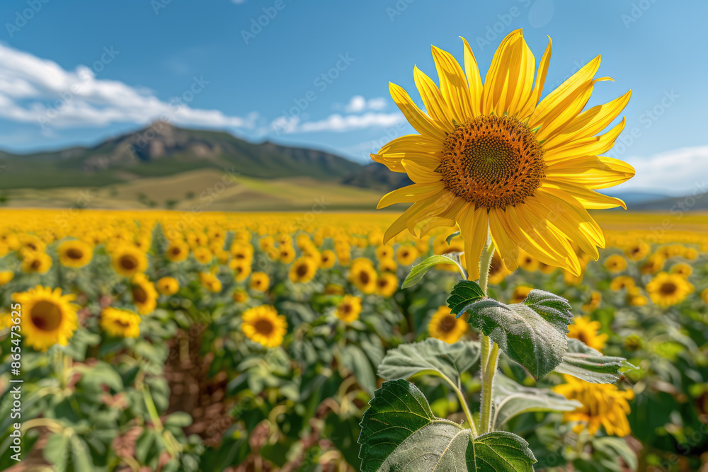 Obraz premium a sunflower with a blue sky and a few clouds in the background