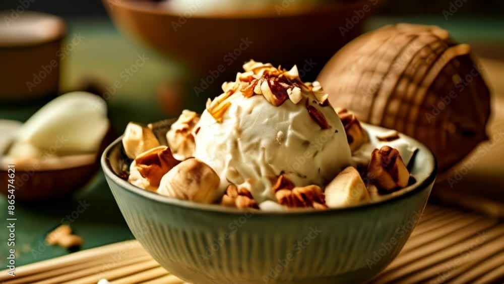 Delicious dessert with ice cream and nuts ready to be enjoyed Delicious dessert with ice cream and nuts ready to be enjoyed