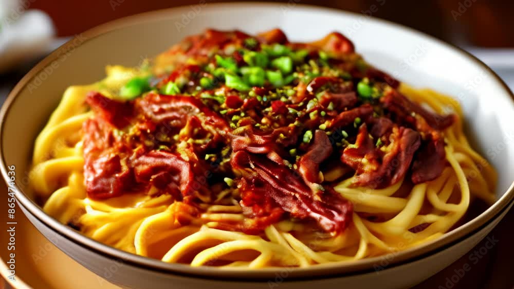 Delicious pasta dish with meat and vegetables ready to be savored Delicious pasta dish with meat and vegetables ready to be savored