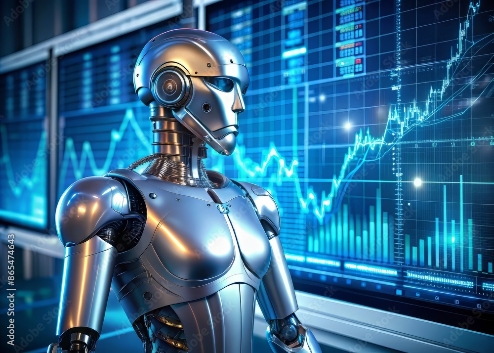 Metallic robot standing in front of a computer screen displaying real-time cryptocurrency market trends, analyzing charts and graphs with glowing blue circuits visible. Metallic robot standing in front of a computer screen displaying real-time cryptocurrency market trends, analyzing charts and graphs with glowing blue circuits visible.
