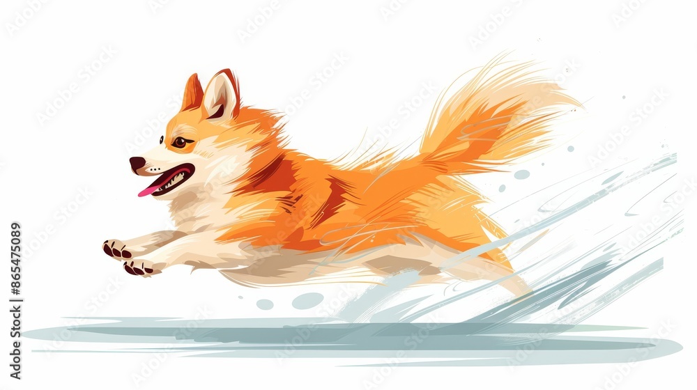 Naklejka premium Illustration of a joyful dog running energetically. Vibrant colors capture the essence of a playful pet in motion. Perfect for pet-lovers and fun themes.