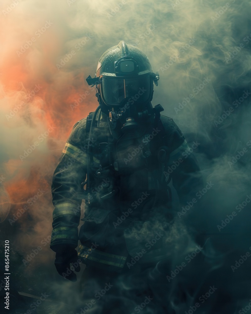 Firefighter in full gear, emerging from smoke, heroic and determined Firefighter in full gear, emerging from smoke, heroic and determined