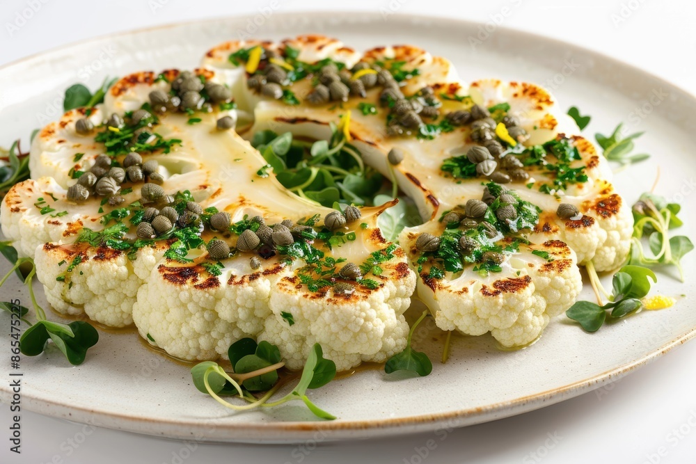 Seared Cauliflower Steaks with Aromatic Caper Butter and Zesty Microgreens Seared Cauliflower Steaks with Aromatic Caper Butter and Zesty Microgreens