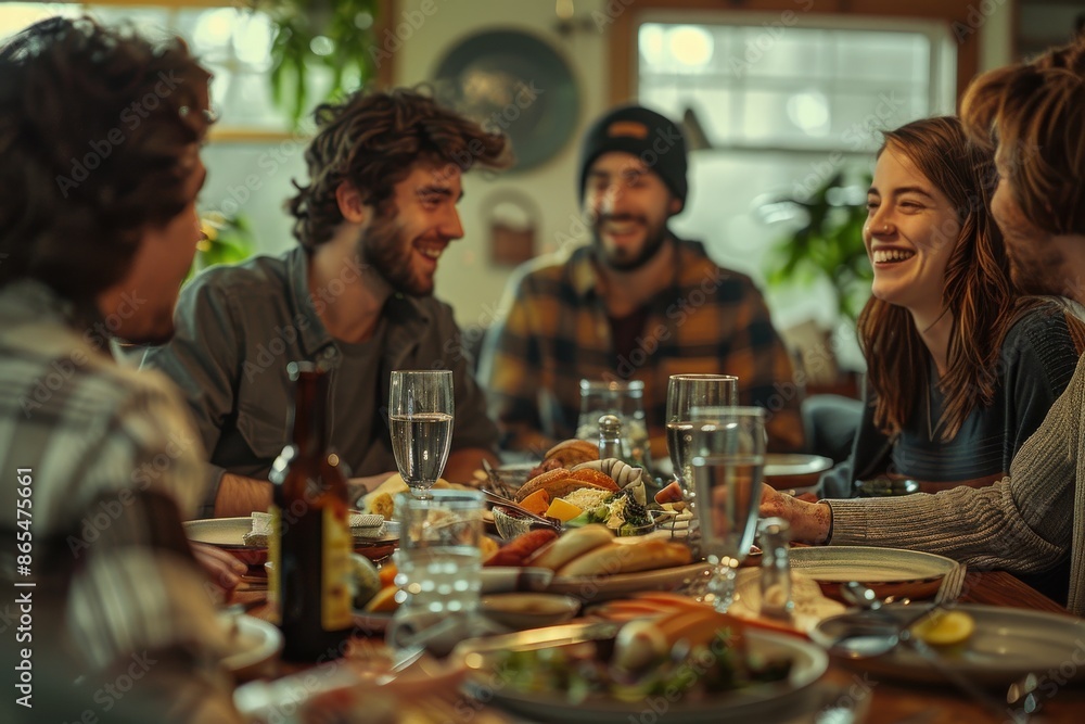 A group of people are sitting around a table with food and drinks, smiling A group of people are sitting around a table with food and drinks, smiling