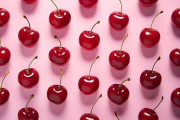 Red cherries on pink background