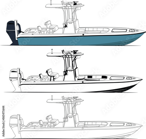 High-quality line drawing vector fishing boat. Black, white, and color illustration.