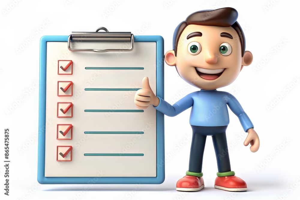 Colorful 3D cartoon character stands in front of a large checklist board, pointing to it with a big smile, conveying accomplishment and task completion. Colorful 3D cartoon character stands in front of a large checklist board, pointing to it with a big smile, conveying accomplishment and task completion.