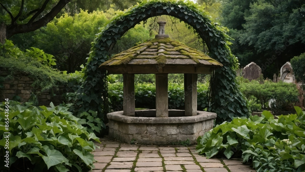 A picturesque stone well under an ivy-covered arch amid lush greenery, creating a serene and tranquil garden setting. Ideal for garden themes and nature. A picturesque stone well under an ivy-covered arch amid lush greenery, creating a serene and tranquil garden setting. Ideal for garden themes and nature.