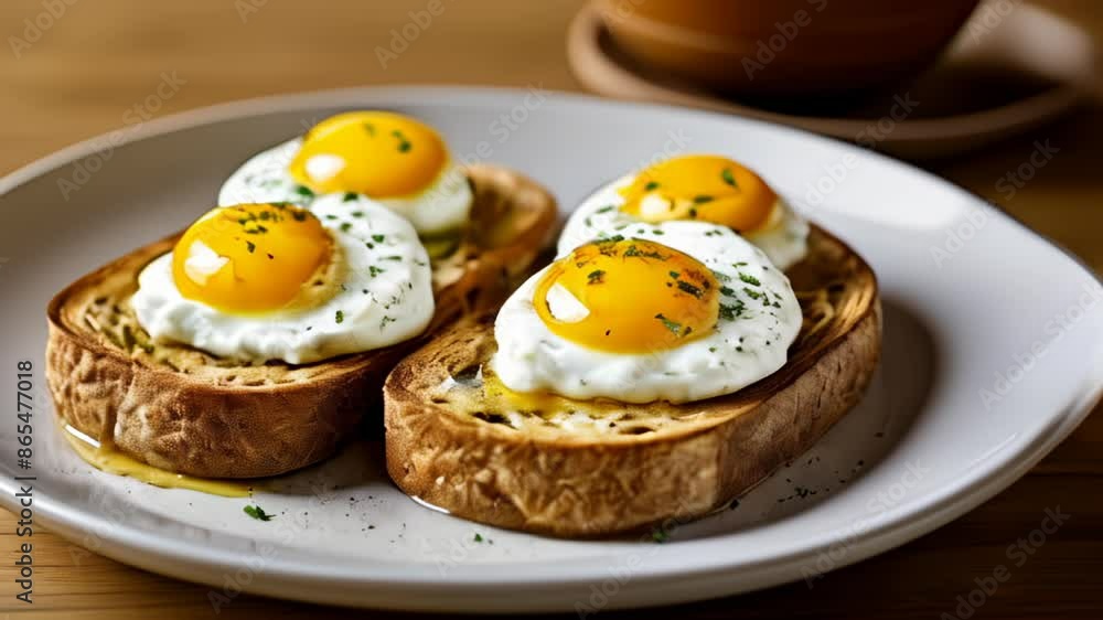 Deliciously cooked eggs on toast ready to be savored Deliciously cooked eggs on toast ready to be savored