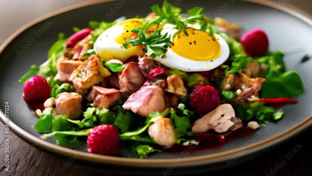 Deliciously fresh salad with a sunny side up egg on top Deliciously fresh salad with a sunny side up egg on top