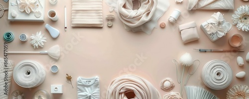 A pastelthemed flat lay of fashion design elements, including softtoned sketches, fabric samples, and design tools, creating a serene and creative workspace photo