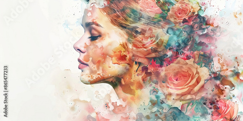 Women face watercolor illustration. Rose flowers. Splashes of paint on the face. Horizontal copy space on pastel pink background.Girl in abstract flowers. Concept Watercolor Portraits, Artistc.