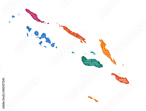 Solomon Islands shape. Country word cloud with region division. Solomon Islands colored illustration. Region names cloud. Vector illustration.