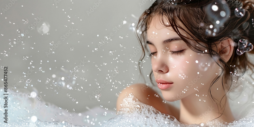 Woman in shower.Personal hygiene, daily skin care. A young woman washing her face with natural foaming gel, with bare shoulders, applying cleansing cosmetics to her cheeks and closing her eyes. Woman in shower.Personal hygiene, daily skin care. A young woman washing her face with natural foaming gel, with bare shoulders, applying cleansing cosmetics to her cheeks and closing her eyes.