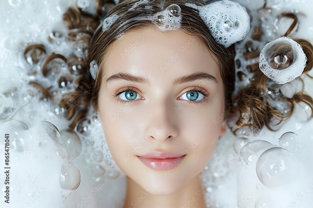 Young woman washing foam face by natural foamy gel, with bare shoulders applying cleansing beauty product on cheeks and closes her eyes.Personal hygiene,skincare daily routine. Spa salon advertising. Young woman washing foam face by natural foamy gel, with bare shoulders applying cleansing beauty product on cheeks and closes her eyes.Personal hygiene,skincare daily routine. Spa salon advertising.