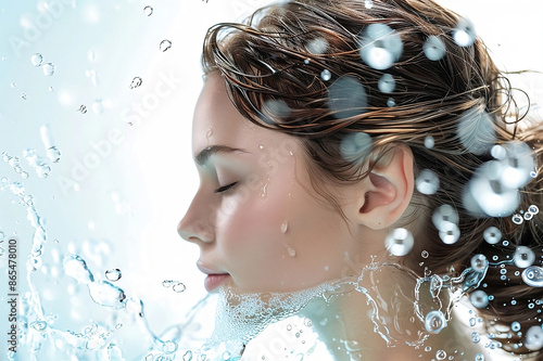 A young woman in an abstract advertisement for a fashionable spa with splashes and drops of water. An abstract fashion concept.