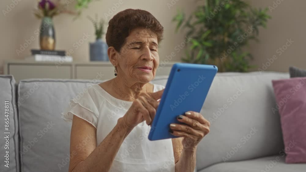 Elderly hispanic woman using a blue tablet in a cozy living room setting during a video call, surrounded by warm indoor decor and potted plants. Elderly hispanic woman using a blue tablet in a cozy living room setting during a video call, surrounded by warm indoor decor and potted plants.