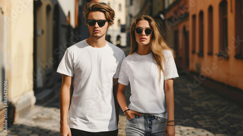 Young man and woman in sunglasses wearing white t-shirt and sunglasses walking in street. Tshirt mockup for design photo