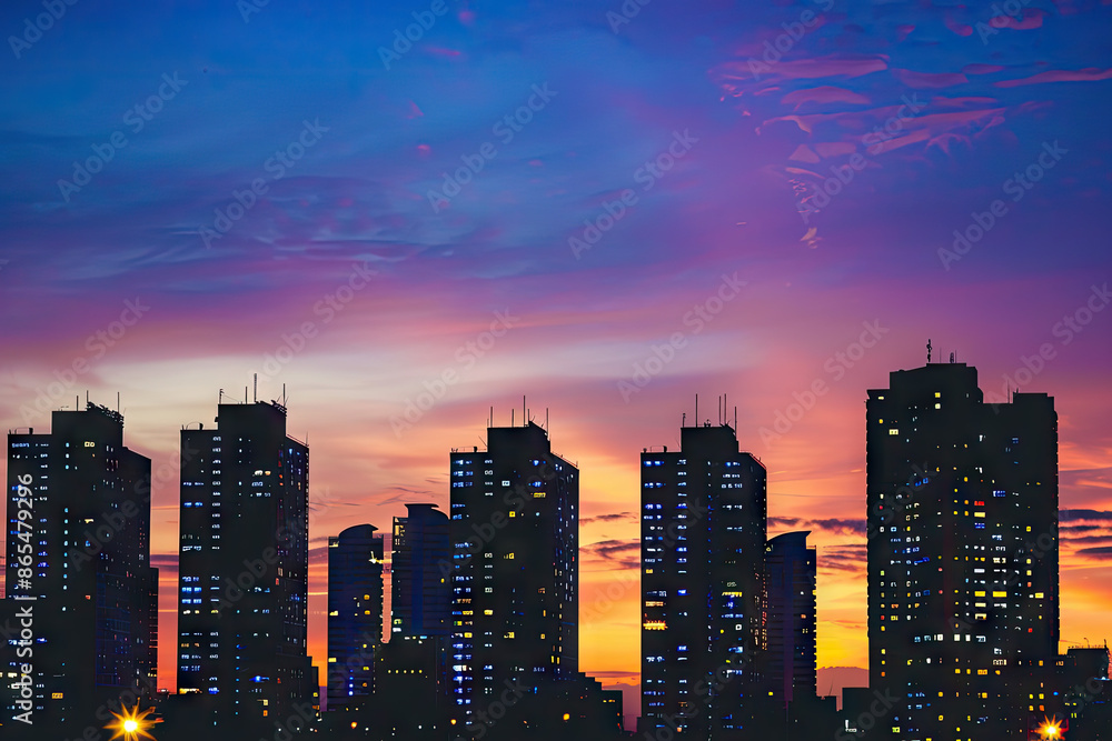 Fototapeta premium a city skyline with the sun setting behind it