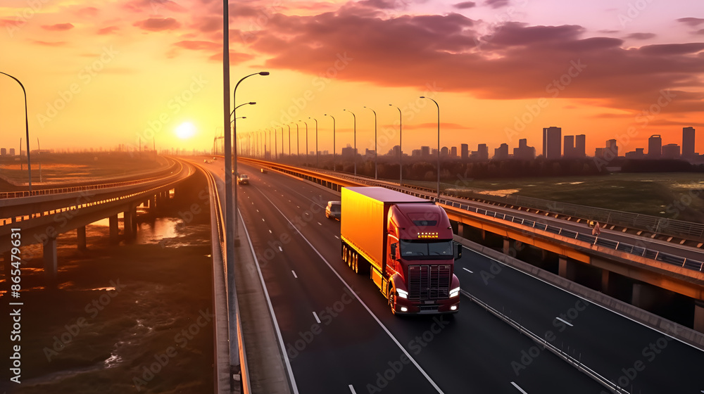 Logistics import export and cargo transportation industry concept of Container Truck runs on highway road at sunset blue sky background Logistics import export and cargo transportation industry concept of Container Truck runs on highway road at sunset blue sky background