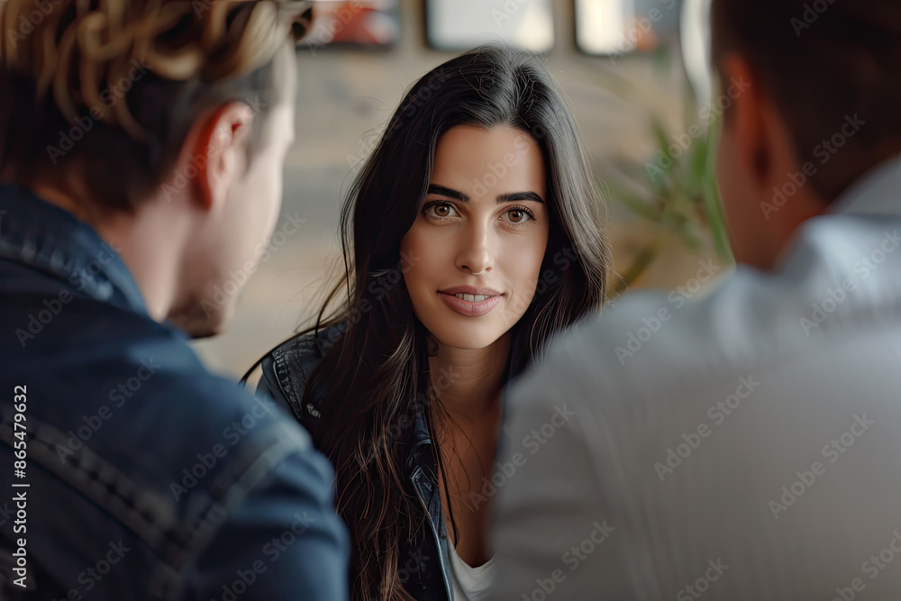 Woman smiling while doing a meeting Woman smiling while doing a meeting