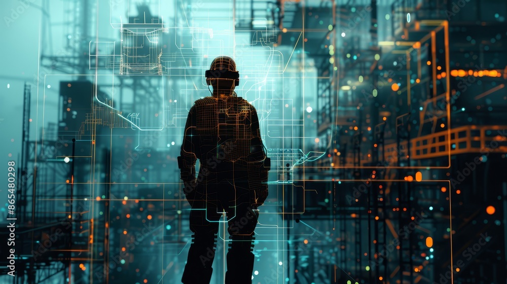 A Silhouette of a Worker Navigating a Futuristic Digital Cityscape - The silhouette of a worker wearing a headset stands amidst an intricate network of glowing lines and shapes, creating a surreal A Silhouette of a Worker Navigating a Futuristic Digital Cityscape - The silhouette of a worker wearing a headset stands amidst an intricate network of glowing lines and shapes, creating a surreal
