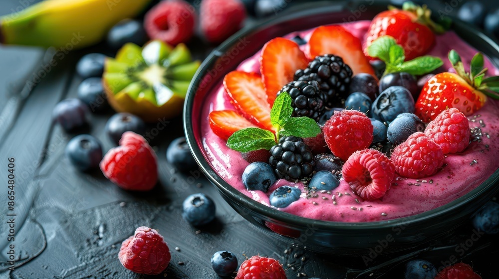 Berry smoothie in a bowl with tropical fruits Berry smoothie in a bowl with tropical fruits