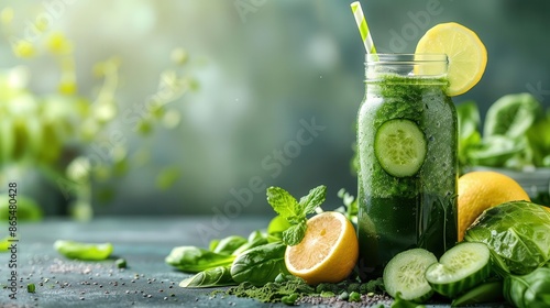 Green detox juice with fresh vegetables, organic smoothie ingredients photo