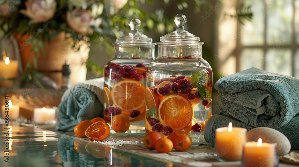 Refreshing spa water setup with glass dispensers filled with fruitinfused waters like berrylime and orangebasil Refreshing spa water setup with glass dispensers filled with fruitinfused waters like berrylime and orangebasil