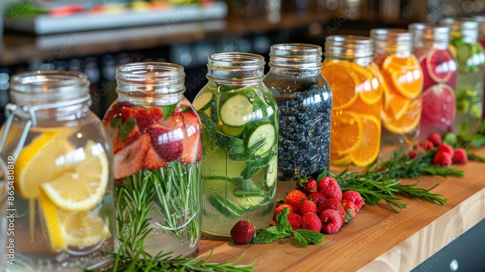 Fruit infused water bar with a variety of glass jars containing combinations like berry mint Fruit infused water bar with a variety of glass jars containing combinations like berry mint