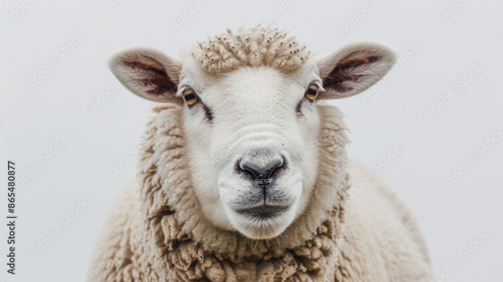 Fototapeta premium A white sheep chewing while facing the camera on a plain white background