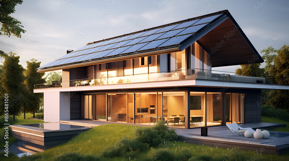 House with solar panels on the roof. Sustainable and clean energy at home.
