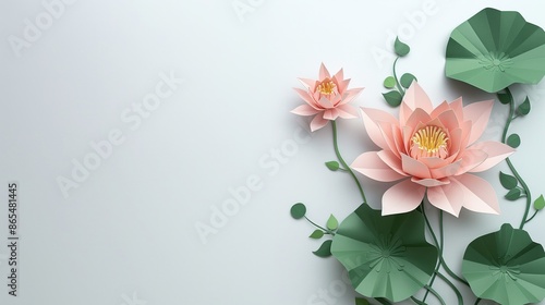  lotus flower paper cut style on a white background with copy space area with lotus flowers, leaves and vines