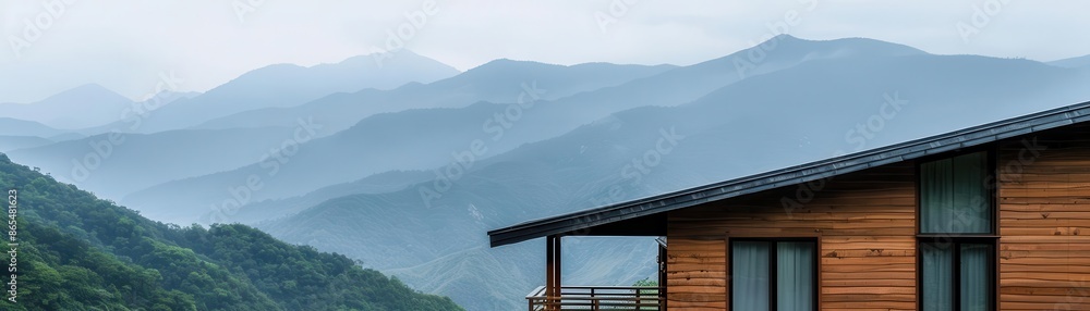Serene mountain view from a cabin, relax, majestic and calming vista Serene mountain view from a cabin, relax, majestic and calming vista