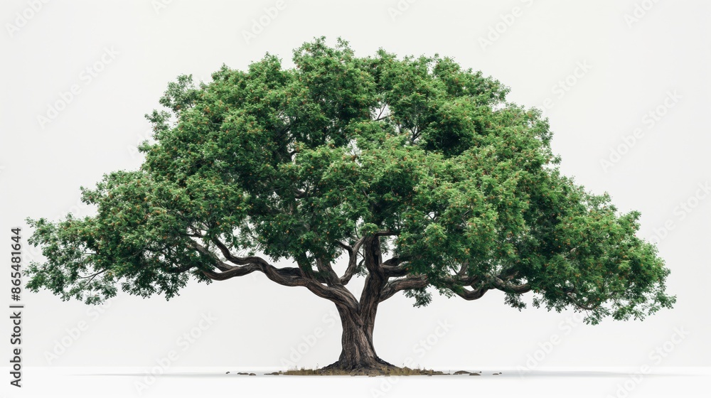 A majestic solitary tree with a sprawling canopy and textured bark, set against a plain white background. A majestic solitary tree with a sprawling canopy and textured bark, set against a plain white background.