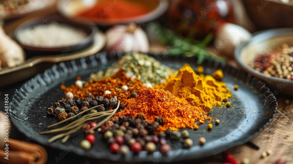Assortment of Spices on a Black Plate - Various spices and herbs are displayed on a black plate, creating a vibrant and colorful composition. Assortment of Spices on a Black Plate - Various spices and herbs are displayed on a black plate, creating a vibrant and colorful composition.