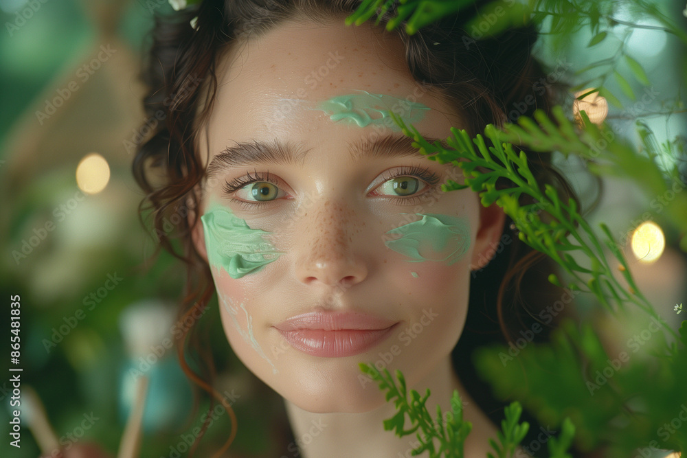 Woman with Green Face Mask in Natural Setting Woman with Green Face Mask in Natural Setting