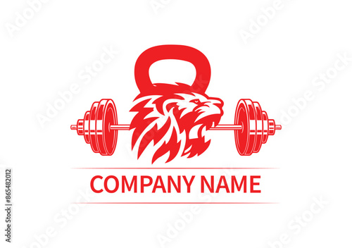 Lion Gym Logo with kettlebell and barbell, Gym and Fitness Logo 