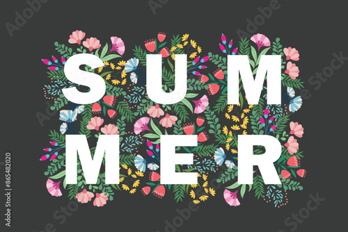 Hello summer background decorated with hibiscus flowers and tropical leaves on light green abstract background. Template for fashion ads, horizontal poster and social media
