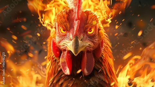 Fiery Rooster in a Blaze of Orange - A rooster's head is engulfed in flames, its eyes blazing with intensity. The background is a fiery orange, creating a dramatic and intense image.