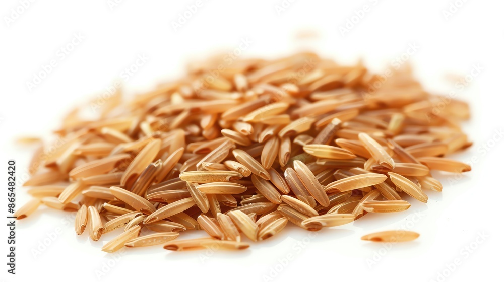 Obraz premium Close-up of a small pile of organic brown rice grains isolated on a white background, showcasing healthy and nutritious whole grain rice.